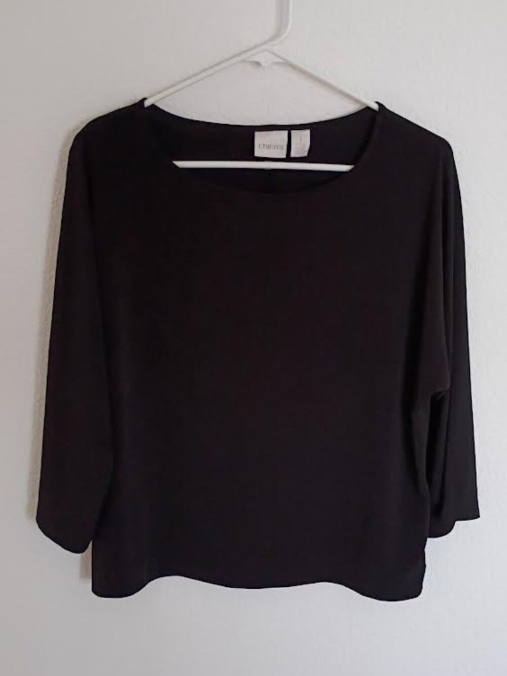 CHICO'S WOMEN'S TOP BLACK 3/4 DOLMAN SLEEVE STRETCH POLYESTER SPANDEX SIZE 1 (M)